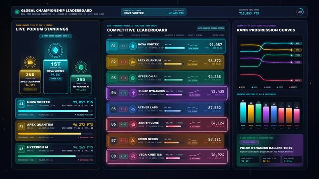 Dynamic competitive leaderboard ranking surge podium analytics and live score progression loopable animation