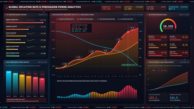 Rising Inflation Rate Chart And Purchasing Power Decline Financial Data Analytics Dashboard 4k Seamless Loop Animation