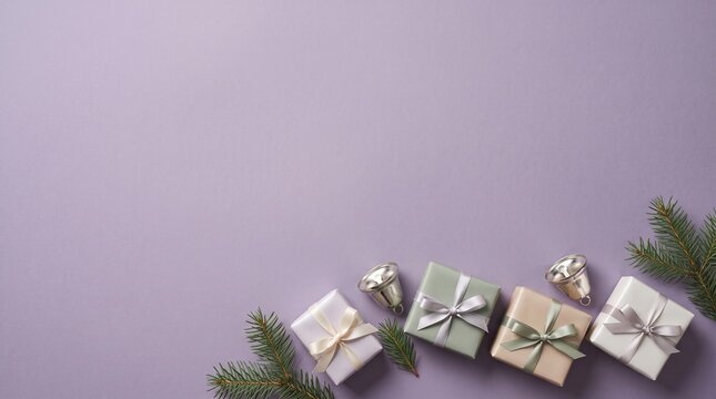 Wrapped gifts with silver bells and evergreen branches on a lilac background presents packages boxes