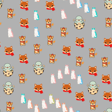 Cute cartoon animals pattern with foxes, corgis, cats, and dinosaur