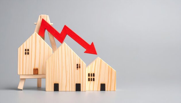 Wooden House Models with Red Downward Arrow Showing Falling Property Values