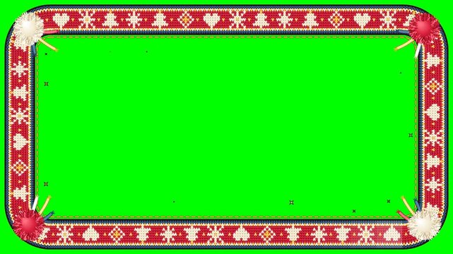 Christmas knitted Fair Isle sweater border animation with snowflake and tree pattern, pom poms and gold stitching, green screen seamless loop 4K