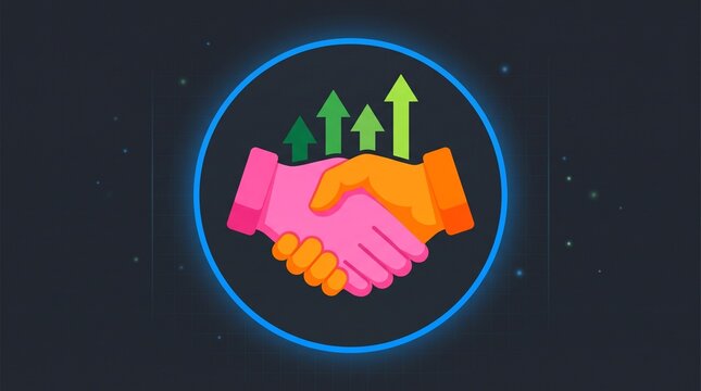 Partnership Growth Icon: A stylized illustration depicts a handshake symbolizing a successful business partnership, with upward-trending arrows indicating growth and progress.