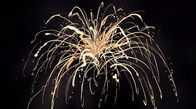 Abstract gold paint splatter on black background resembling fireworks