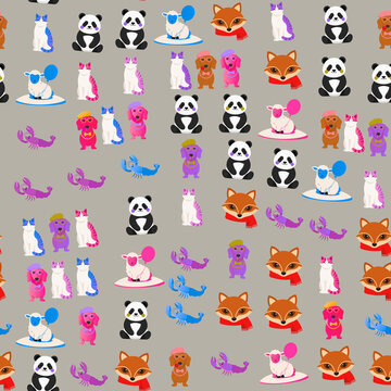 Seamless pattern of diverse cartoon animals