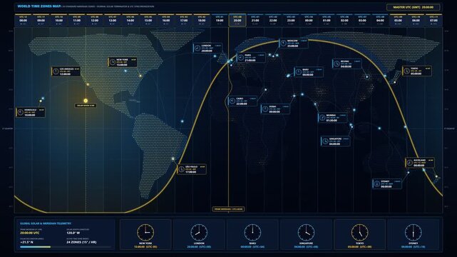 Global world time zones map with solar terminator and live city synchronization loop animation