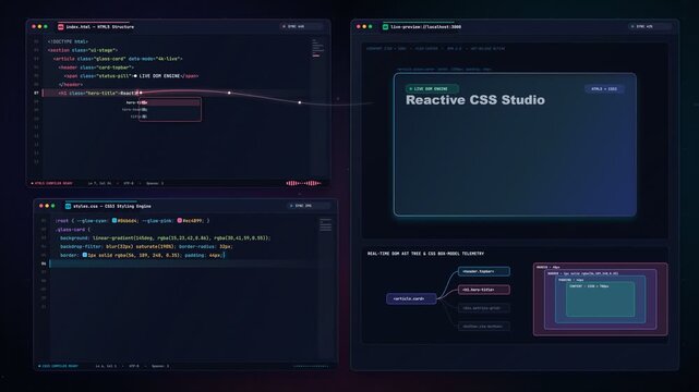 HTML and CSS code being typed in modern code editor with live UI design preview seamless loop