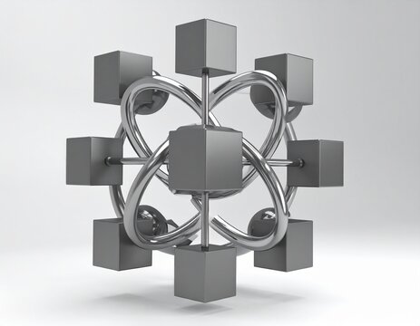 Modern interconnected 3D geometric cube and tube structure with metallic finish