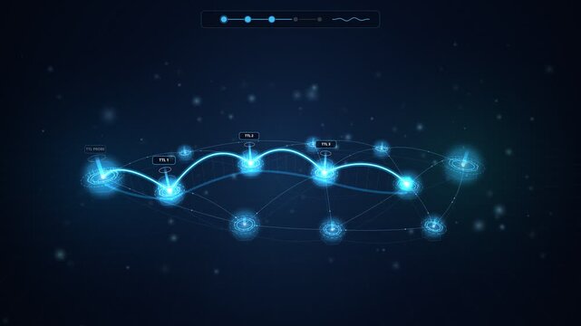 Network ping and traceroute multi hop packet routing latency visualization 4K loop
