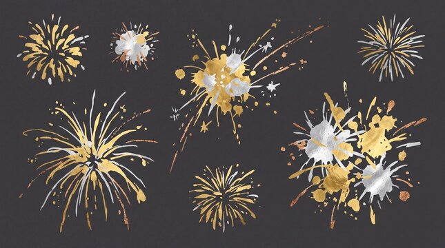 Golden and silver fireworks collection with sparkling paint splashes on dark background