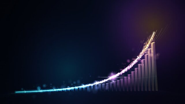 Exponential growth curve glowing compounding data trajectory and particle surge animation