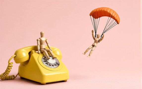 Wooden figure sits on yellow phone, another parachutes above against pink background.