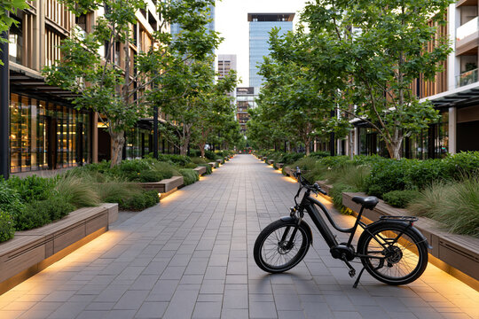 Electric bicycle parked on a pedestrian walkway between city buildings