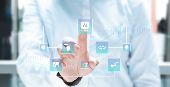 Executive managing AI agents. Concept covering task automation, workflow optimization, productivity, digital transformation, process efficiency, and business innovation.
