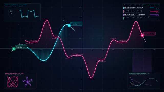 Mathematical function graphs and fourier waveforms being drawn on grid canvas