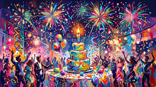Vibrant birthday party celebration with colorful cake and fireworks