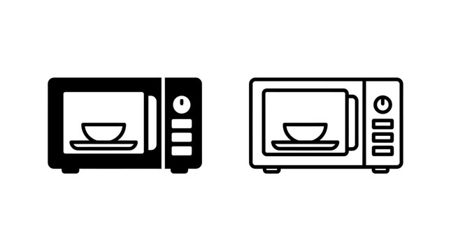 Microwave oven heating a bowl of food vector icon set