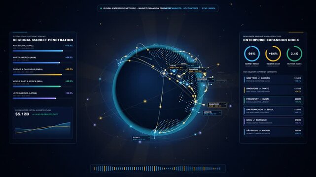Global Business Expansion 3D Holographic World Network Connecting International Markets and Trade Hubs