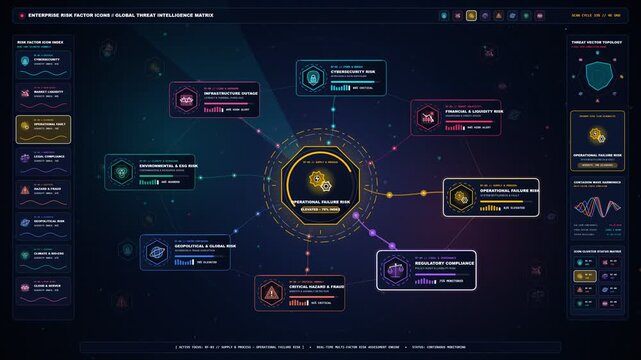 Enterprise risk factor icons cyber financial operational market compliance and systemic threat assessment matrix animation