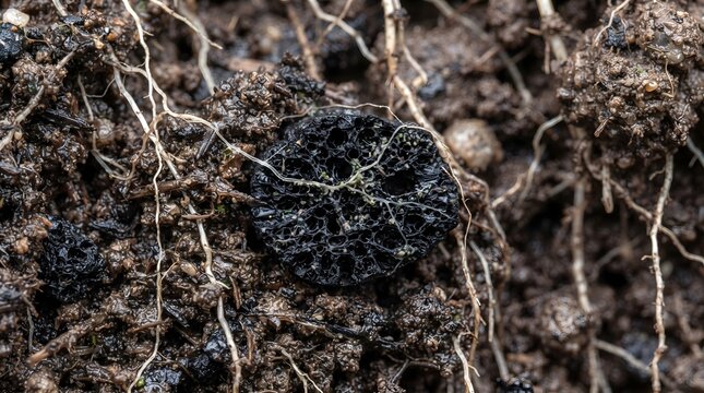 Biochar piece in dark fertile soil with plant roots