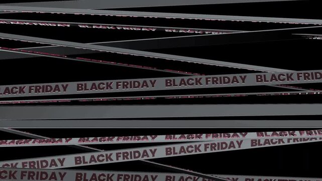 Abstract 3D spinning metallic silver warning tape grid with Black Friday sale typography background element