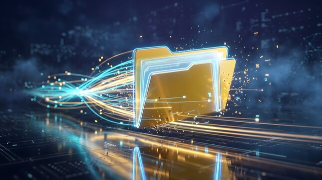 Concept of cloud data storage, high speed file processing, and electronic document management system. Glowing yellow folder emitting fiber optic light trails on dark metallic surface.