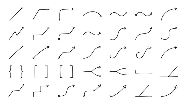 Minimalist hand drawn arrow collection with curved, bent and split directions and curly braces for flowcharts, planning diagrams, education materials and infographic design
