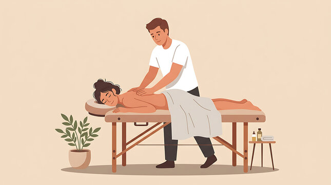 Male therapist giving back massage to woman lying on table in spa