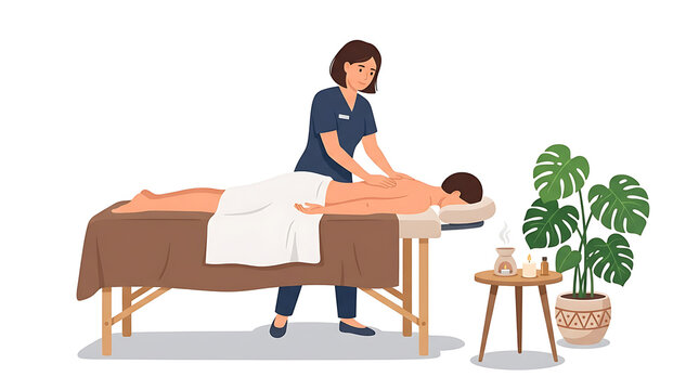 Professional therapist performing back massage on client isolated on