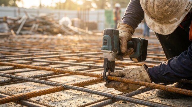 Construction technician using an automated cordless rebar tying tool across an intersecting steel reinforcing grid for concrete reinforcement.