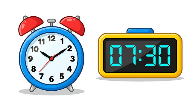 Two alarm clocks isolated on transparent background showing analog