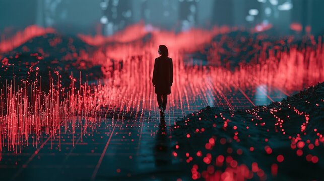 A solitary person stands thoughtfully observing a brilliant futuristic city illuminated by radiant red and cool blue glowing lights