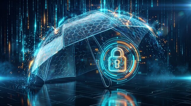 Transparent glowing umbrella shielding a digital padlock from falling binary code rain representing cyber protection