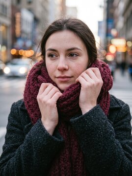 Young woman wearing a dark grey coat and a chunky burgundy knit scarf standing on a city street during the day