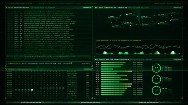 Futuristic green cyber terminal text stream and encrypted data telemetry loop