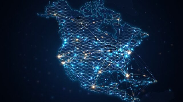 North America map glowing network connection lines and data hubs 4K stock video