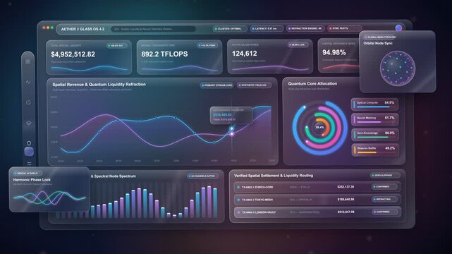 Futuristic spatial glassmorphism analytics dashboard with live data charts