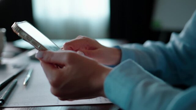 Hands scroll phone at office desk. Fingers tap screen, focused on digital task. Background shows pens and papers, work environment. Suggests modern communication or work interruption