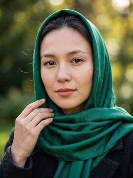Portrait of a young woman with a serene expression wearing a vibrant green headscarf, captured in a soft, natural outdoor setting with a blurred background