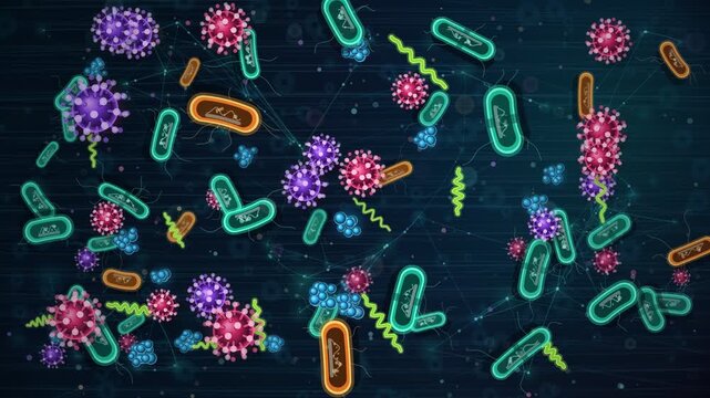 Magnified microscopic bacteria viruses and germs multiplying and colonizing a surface