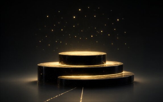 Golden podiums glow under starry lights, symbolizing achievement and prestige.