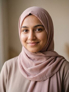 Portrait of a young woman wearing a soft pink hijab, smiling gently at the camera, captured in natural soft lighting with a neutral background, professional headshot photography