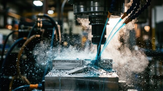 Closeup of a 5-axis CNC machining spindle precision milling an aerospace aluminum vehicle chassis node with high-pressure coolant fluid spray in an advanced automotive prototype manufacturing plant.