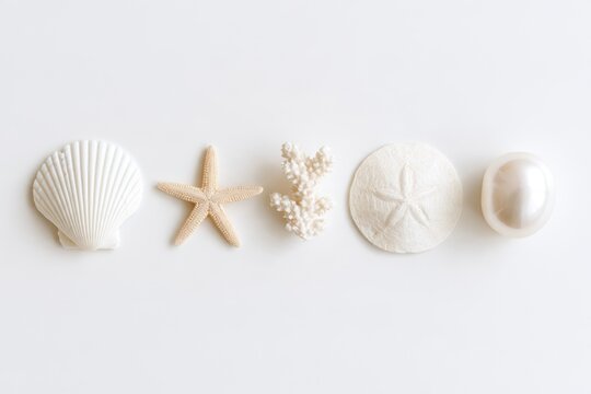 Five white sea-themed objects including a scallop shell, starfish, coral, sand dollar, and pearl aligned in a row on a light background.