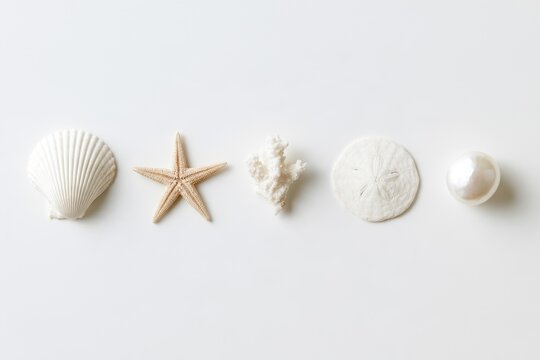 Five natural marine items arranged in a row: a scallop shell, starfish, coral piece, sand dollar, and a pearl on a white background.