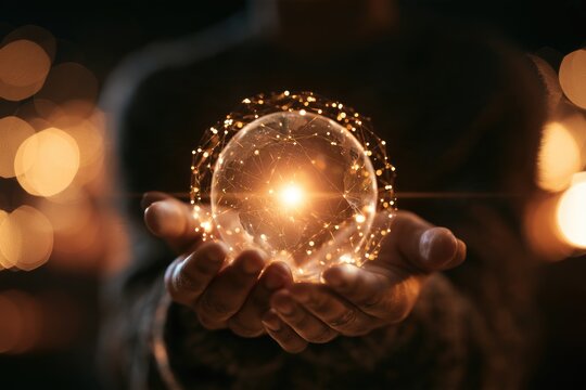 Hands gently holding a glowing, interconnected digital sphere emitting light and network connections in a dark, blurred background.