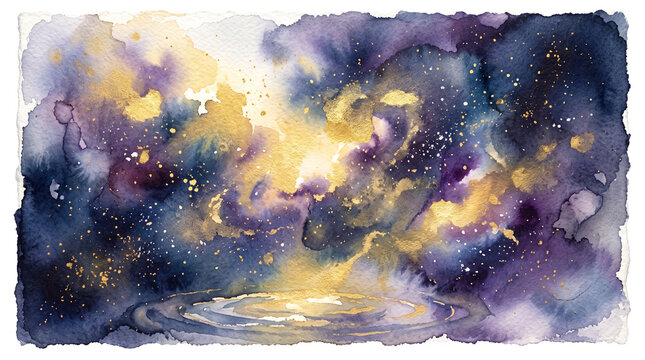 The dawn of creation as divine light pierces the primordial deep, illuminating swirling cosmic dust and oceanic waters.