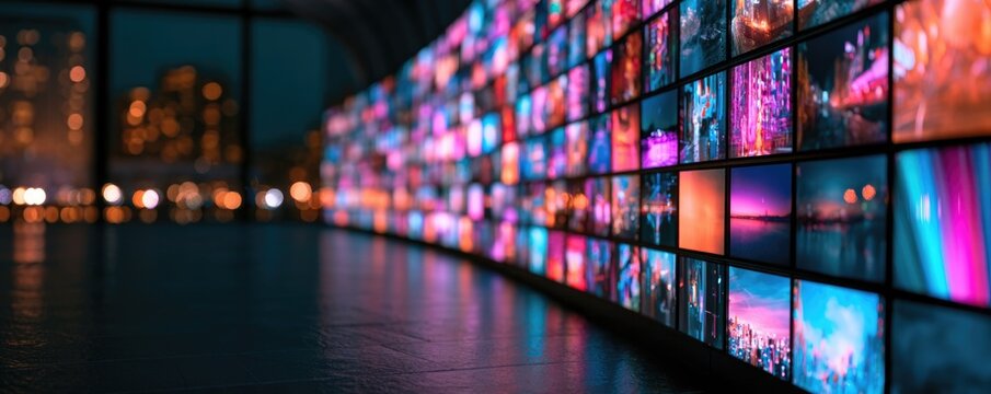 A curved digital wall displays numerous colorful screens with cityscape and abstract images in a dimly lit urban environment.