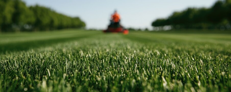 A close-up view of green grass being mowed on a sunny day with a blurred figure operating a lawn mower in the background.