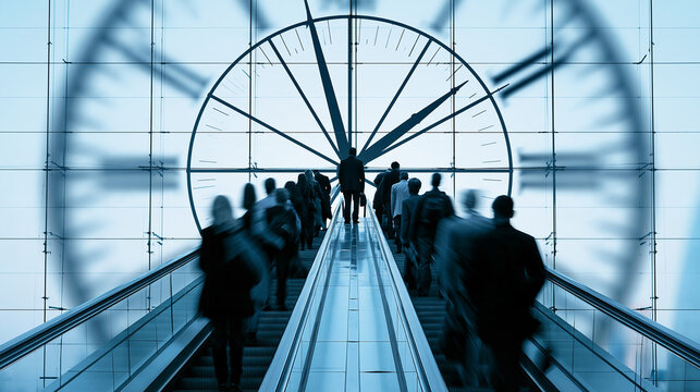 People on an escalator moving toward a large clock face inside a modern building, symbolizing time and business urgency.